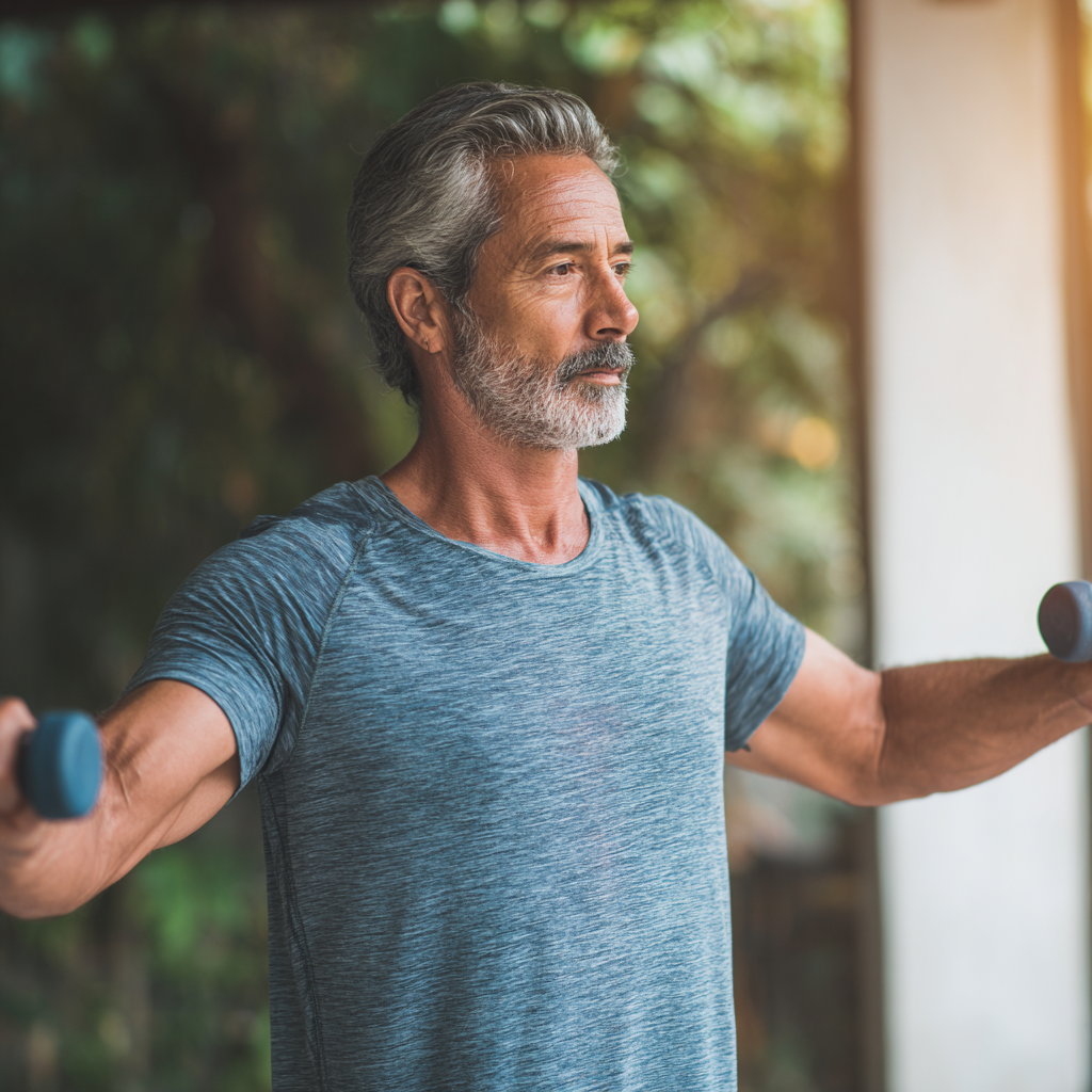 Middle-aged adult doing gentle strength exercises in a bright, natural setting