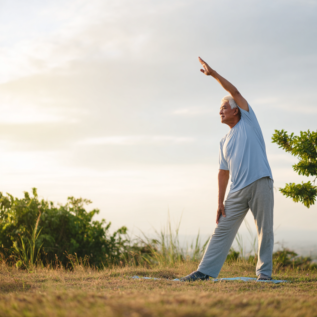 Older adult practicing flexibility exercises outdoors in peaceful environment